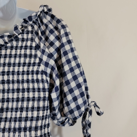 Anthropologie MABLE Blue/White Gingham Smocked Mini Dress Sz M Y2K Peasant Fairy - Picture 9 of 12